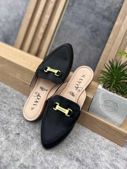 Zuecos Lujo, Mules Negros Piel Sintética Hebilla Dorada - Punta Fina Elegante