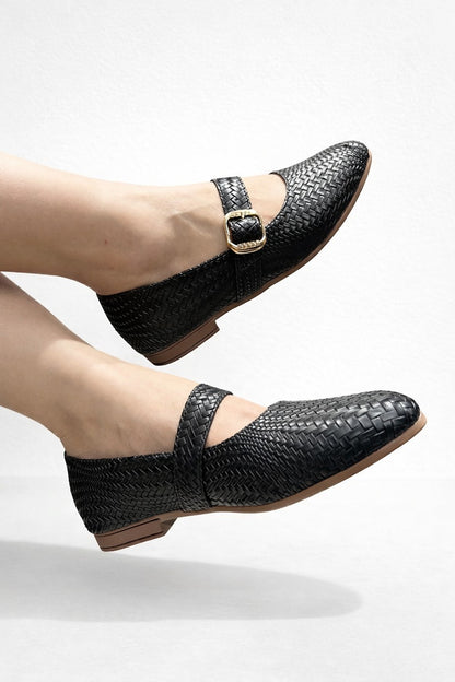 Baletas Mary Jane Tejidas con Hebilla Dorada, Flats – Negro / Beige / camel