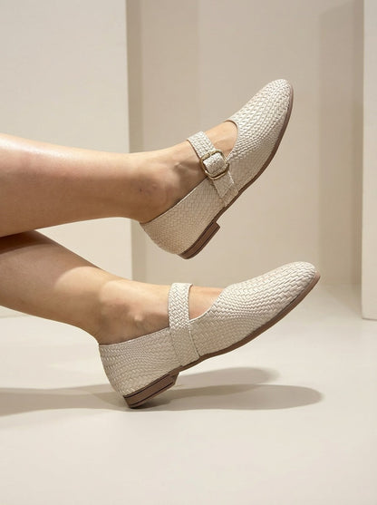 Baletas Mary Jane Tejidas con Hebilla Dorada, Flats – Negro / Beige / camel