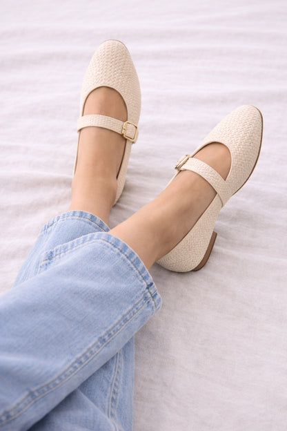 Baletas Mary Jane Tejidas con Hebilla Dorada, Flats – Negro / Beige / camel